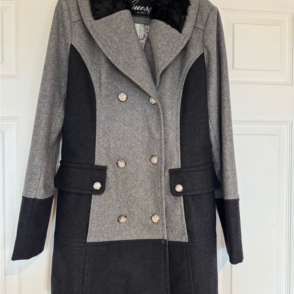 Guess Women’s Two-Tone Gray and Black Peacoat with Faux Fur Collar